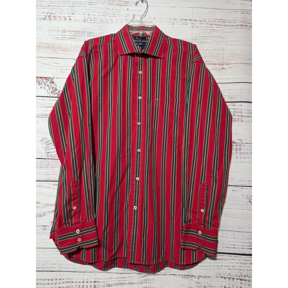 Tommy Hilfiger Mens Large Red Striped 80s 2-Ply Cotton Button Down Shirt L/G